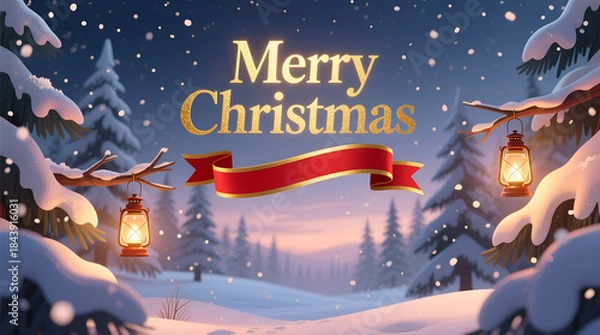 Obraz Merry Christmas twilight forest lanterns glowing in snowy pine woods with falling snowflakes and golden festive greeting in peaceful winter landscape