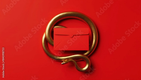 Fototapeta Golden snake zodiac figure coiled around a red envelope on a minimal red background, symbolizing Chinese New Year traditions, wealth, prosperity, and auspicious new beginnings