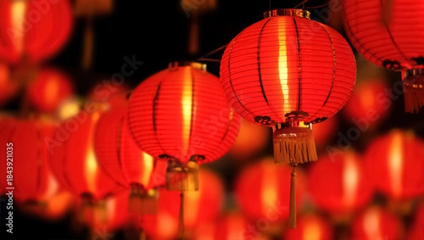 Fototapeta Traditional red Chinese lanterns glowing at night, creating a warm festive atmosphere for Lunar New Year celebrations, symbolizing luck, prosperity, and cultural heritage