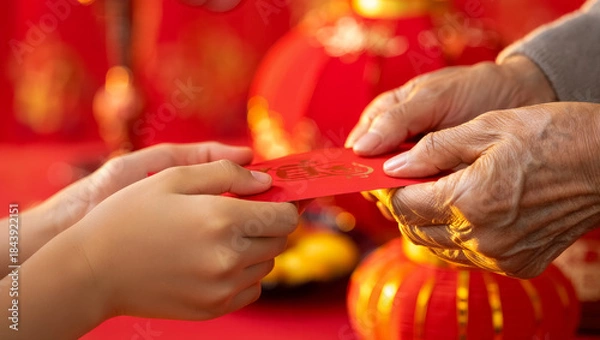 Fototapeta Close-up of elderly hands passing a red envelope to a child’s hands during Chinese New Year celebration, symbolizing family tradition, blessings, prosperity and cultural heritage in warm festive light