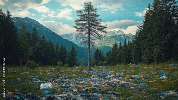 Obraz Lonely tree in polluted mountain valley with scattered garbage