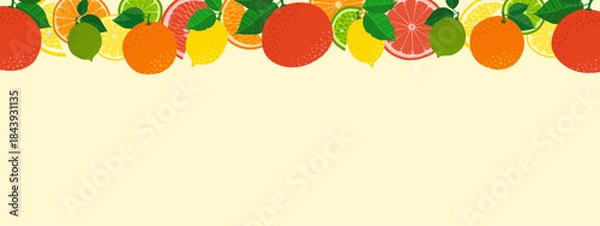 Obraz A vibrant citrus fruit banner design featuring lemon, orange, lime, and grapefruit images, with space for text. Ideal for summer sales, organic product ads, juice packaging, or fresh web designs.