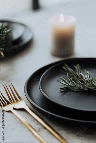 Fototapeta Minimalist holiday table with matte black plates, gold cutlery and a single candle