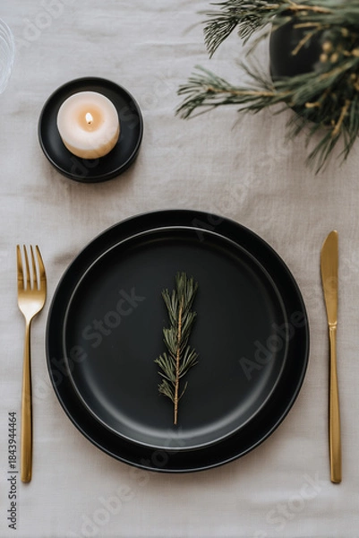 Fototapeta Minimalist holiday table with matte black plates, gold cutlery and a single candle