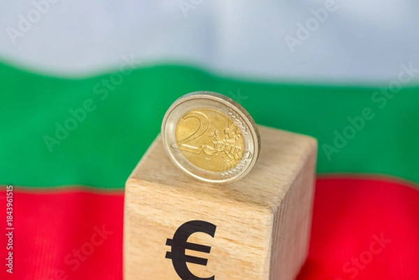Fototapeta Bulgaria, money, adopting the euro. Symbol of the common currency of the euro zone. Flag of Bulgaria. Business background. Concept of European Union finances. Close up