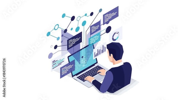Fototapeta Business analyst using laptop with data visualizations and graphs in isometric design