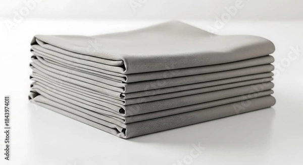 Fototapeta Perfectly stacked grey linens, emphasizing tidy home organization appeal