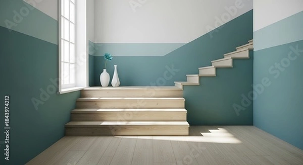 Fototapeta Serene staircase scene with minimalist decor and soothing color palette