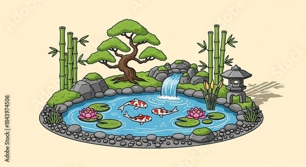Fototapeta Tranquil koi pond scene, featuring waterfall and ornamental flora backdrop
