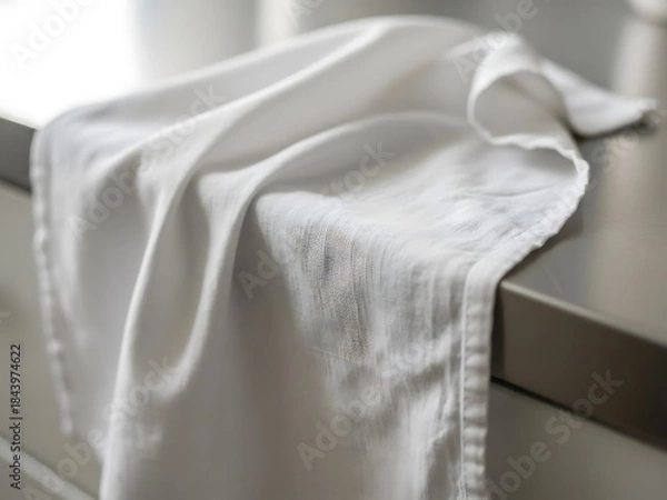 Fototapeta Wrinkled white linen fabric draped gracefully over a smooth surface