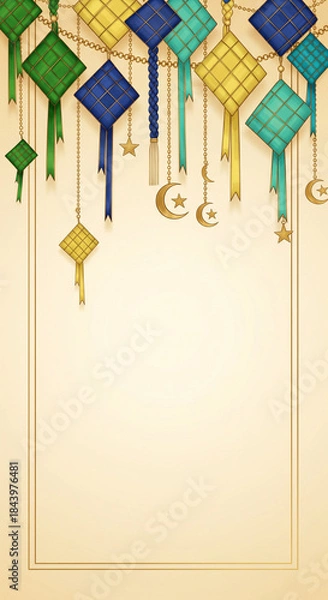 Fototapeta Elegant vertical banner with hanging colorful ketupat decorations, crescent moons, and stars on a cream background, perfect for Islamic holiday greetings.