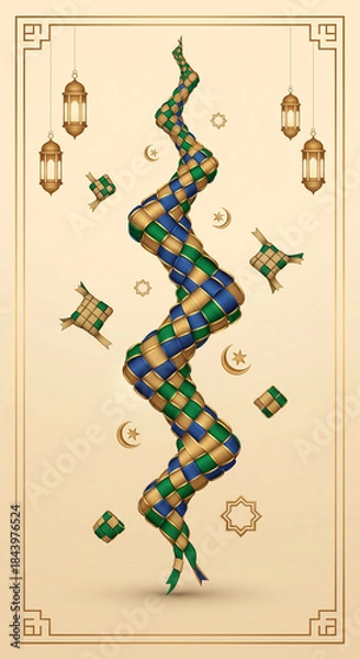 Fototapeta Intricate woven ribbon design with traditional ketupat, crescent moons, and lanterns on a beige background, symbolizing Eid celebration.