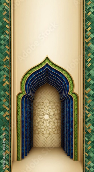 Fototapeta Ornate Islamic archway with intricate geometric patterns and layered design in green, blue, and gold.