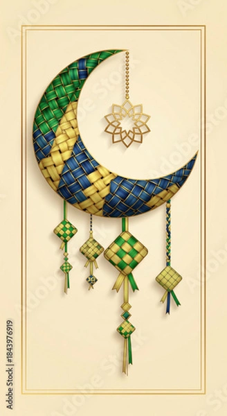 Fototapeta A beautifully woven crescent moon in green, blue, and yellow, adorned with traditional ketupat decorations and a golden star, set against a cream background.