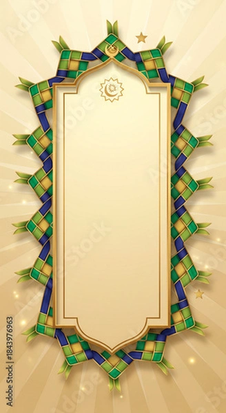 Fototapeta A decorative Islamic frame with woven ketupat patterns and crescent moon for Eid al-Fitr celebration.