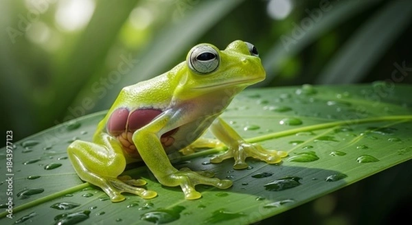 Obraz Glass frog resting on a leaf with transparent skin revealing internal organs. A unique tropical amphibian known for its delicate appearance and nocturnal rainforest life.
