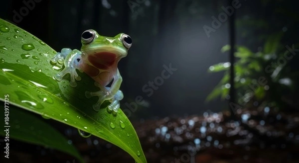 Obraz Glass frog resting on a leaf with transparent skin revealing internal organs. A unique tropical amphibian known for its delicate appearance and nocturnal rainforest life.