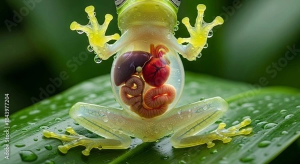 Obraz Glass frog resting on a leaf with transparent skin revealing internal organs. A unique tropical amphibian known for its delicate appearance and nocturnal rainforest life.