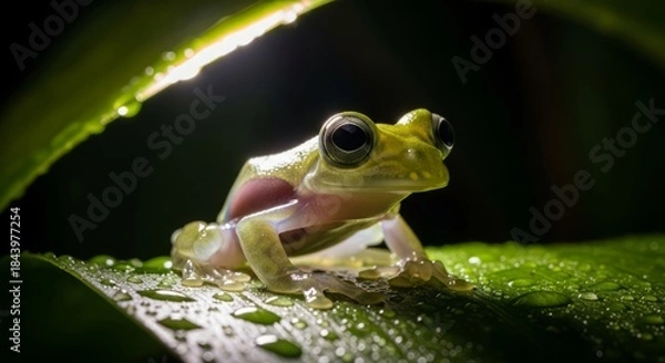 Obraz Glass frog resting on a leaf with transparent skin revealing internal organs. A unique tropical amphibian known for its delicate appearance and nocturnal rainforest life.