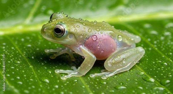 Obraz Glass frog resting on a leaf with transparent skin revealing internal organs. A unique tropical amphibian known for its delicate appearance and nocturnal rainforest life.