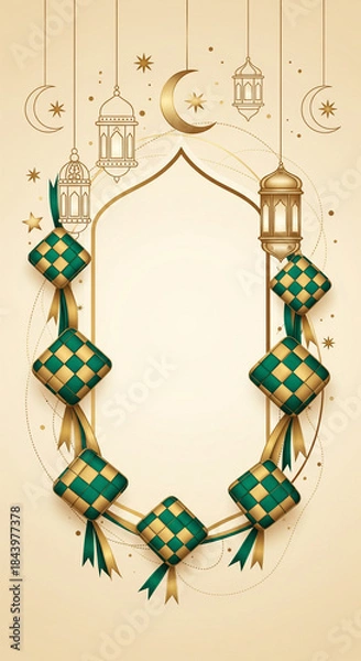 Fototapeta Elegant Islamic frame with golden lanterns, crescent moons, stars, and green-gold ketupat decorations on a cream background, perfect for Eid or Ramadan.