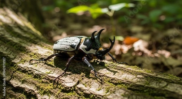 Obraz Goliath beetle displaying its massive body, bold black and white patterns, and glossy exoskeleton. One of the world’s largest beetles, symbol of strength and exotic insects.