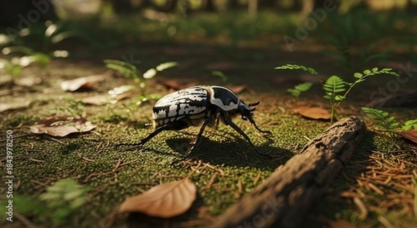 Obraz Goliath beetle displaying its massive body, bold black and white patterns, and glossy exoskeleton. One of the world’s largest beetles, symbol of strength and exotic insects.