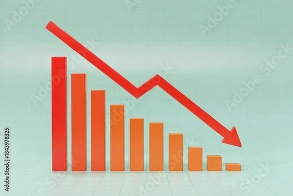 Fototapeta A graph displays vertical bars in orange that start high and decrease downwards. A red arrow points down, indicating a decline in values across a set time period