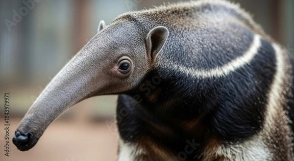 Obraz Giant anteater walking through grassland with long snout and bushy tail. A unique insect-eating mammal known for its striking appearance and slow, deliberate movement.