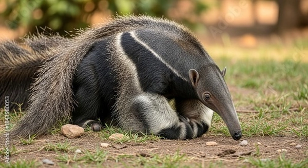 Obraz Giant anteater walking through grassland with long snout and bushy tail. A unique insect-eating mammal known for its striking appearance and slow, deliberate movement.