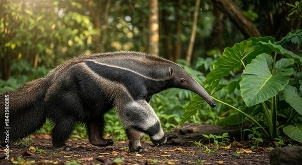 Obraz Giant anteater walking through grassland with long snout and bushy tail. A unique insect-eating mammal known for its striking appearance and slow, deliberate movement.