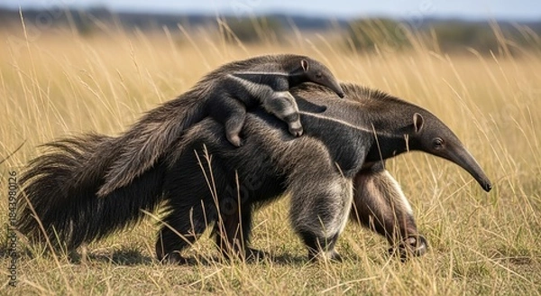 Obraz Giant anteater walking through grassland with long snout and bushy tail. A unique insect-eating mammal known for its striking appearance and slow, deliberate movement.