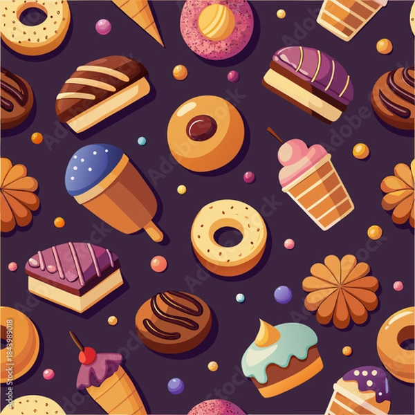 Fototapeta Seamless pattern of colorful cartoon desserts including donuts cakes and ice cream cones perfect for food packaging and childrens themes