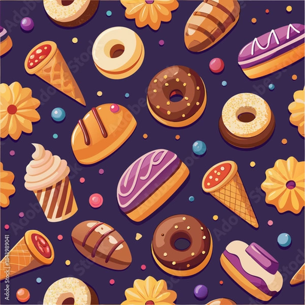 Fototapeta Seamless pattern of colorful donuts ice cream cones and cookies a sweet confectionery background for food packaging and dessert promotion