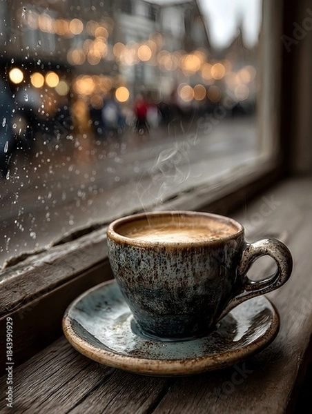 Fototapeta A minimalist winter product photo featuring a single ceramic cup and saucer against a snowy blurred city view