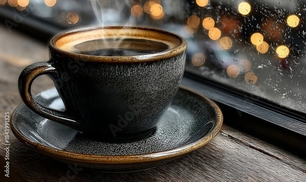 Fototapeta A cozy winter coffee setup with a handmade cup in focus and softly glowing festive lights beyond the window