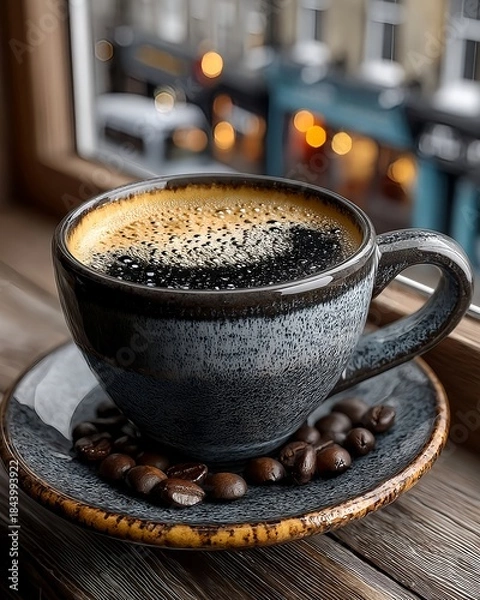Fototapeta A high-end ceramic coffee cup on a wood surface illuminated by natural light during a gentle snowfall