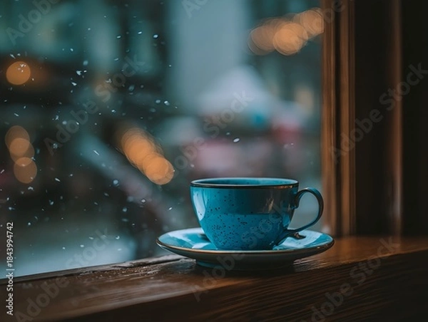 Fototapeta A textured ceramic cup of cappuccino with latte art resting beside a window with snow and golden bokeh lights