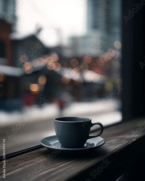 Fototapeta A steaming cup of black coffee by the frosty window with snow-covered buildings softly glowing in the distance