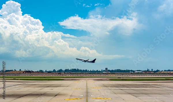Obraz Passenger jet taking off from an International Airport under dramatic clouds