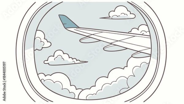 Fototapeta Airplane wing seen through a window flying above clouds illustration for travel and aviation concepts