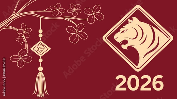 Fototapeta Year of the Tiger 2026 Chinese New Year greeting card design featuring a roaring tiger emblem and traditional floral ornament on a red background