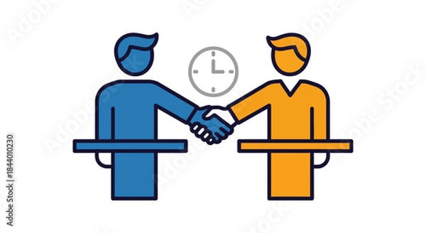 Fototapeta stylized business people handshake with clock symbolizing timely agreement partnership deal completion and negotiation deadlines.