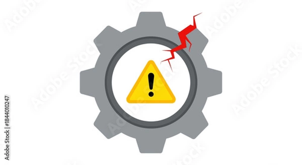 Fototapeta system error warning symbol with cracked gear icon and yellow hazard sign concept for technical failure industrial risk and maintenance alerts