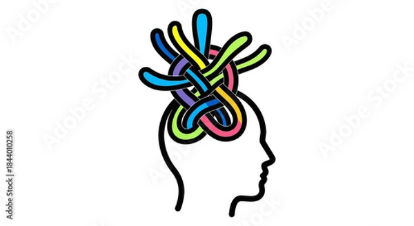 Fototapeta tangled thoughts in human head silhouette colorful abstract brain lines symbolizing anxiety mental health and emotional overwhelm concept