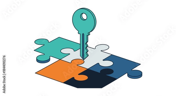 Fototapeta teal key inserted into four colorful interlocking puzzle pieces illustrating core business solutions strategic planning teamwork and success concept.