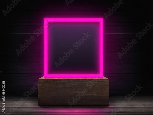 Fototapeta Pink neon square glows on a wooden block against a dark wood wall and floor