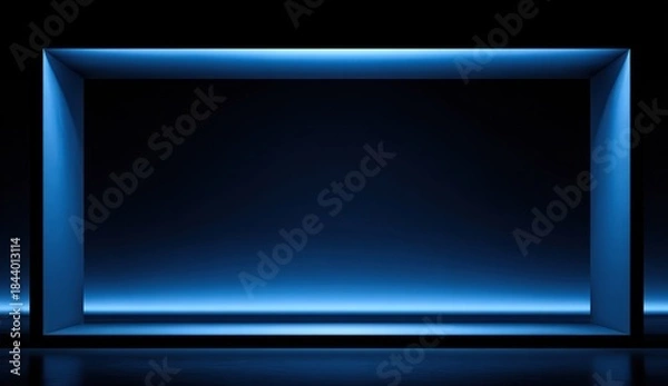 Fototapeta Illuminated blue rectangular frame against a black backdrop, reflecting light