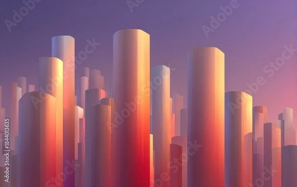 Fototapeta Abstract 3D rendering of cylindrical forms bathed in warm light against a gradient sky