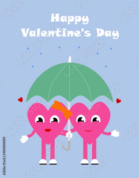 Fototapeta 
Valentine's Day card with a pair of hearts under an umbrella. Groovy valentine s day greeting card